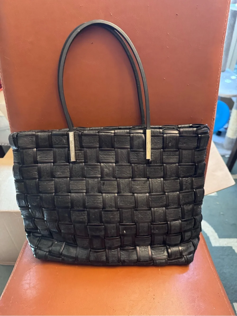 Vintage Antonio Scepi Italian Black Woven Genuine Leather Tote Bag